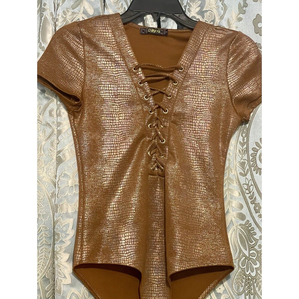 DAY G Gold Bronze Metallic Bodysuit SZM Snakeskin Corset Style V Neck